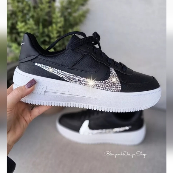 Bling Nike Womens Air Force One Platform Black Sneakers with Swarovski Crystal - Picture 1 of 8